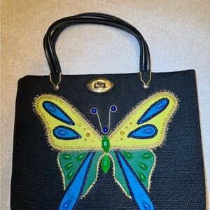 Stylish Black Tote with Vibrant Butterfly Design